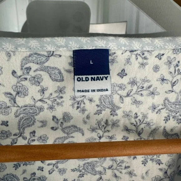 OLD NAVY Top Womens L Peasant Floral Blouse Button Up Balloon Sleeve Blue White - Picture 4 of 7